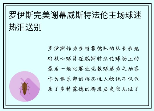 罗伊斯完美谢幕威斯特法伦主场球迷热泪送别 罗伊斯完美谢幕威斯特法伦主场球迷热泪送别