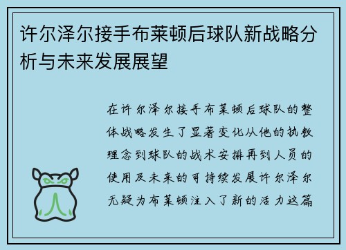 许尔泽尔接手布莱顿后球队新战略分析与未来发展展望 许尔泽尔接手布莱顿后球队新战略分析与未来发展展望