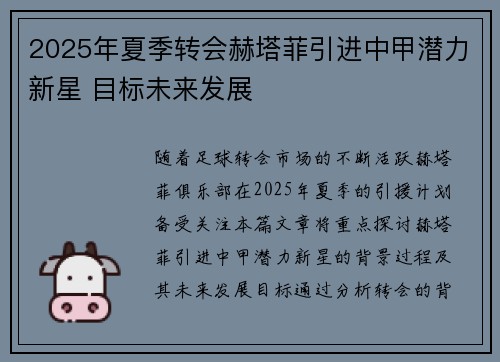 2025年夏季转会赫塔菲引进中甲潜力新星 目标未来发展 2025年夏季转会赫塔菲引进中甲潜力新星 目标未来发展